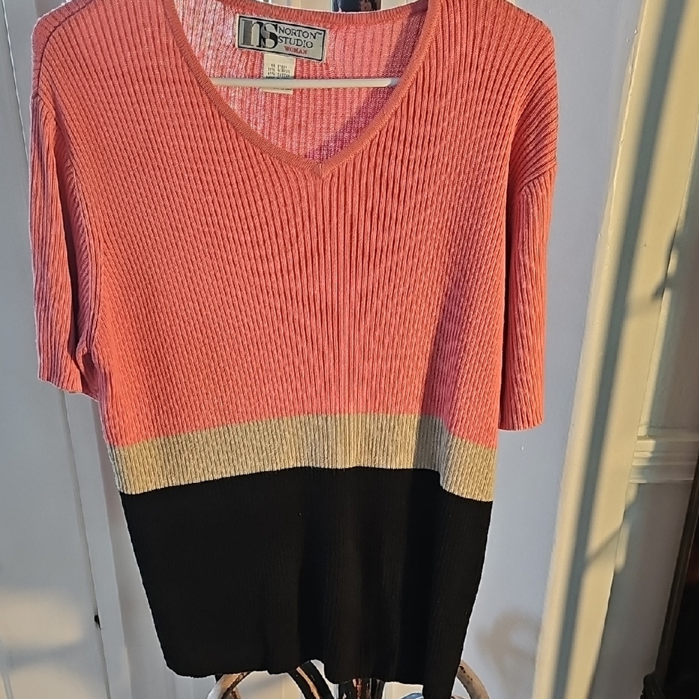 Norton Studio Pink and Black V-Neck Sweater